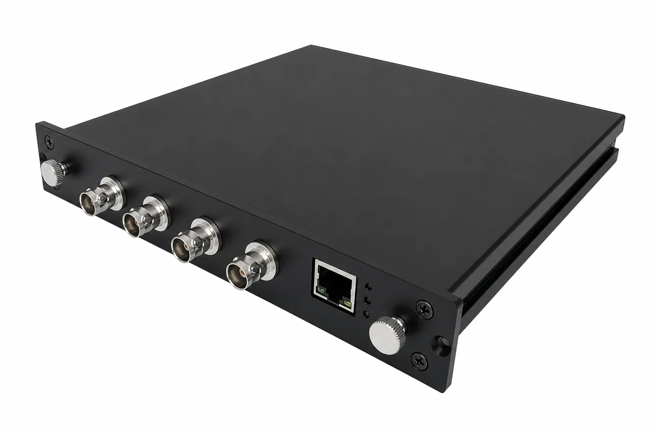 GJB289A (1553B) bus module card with four front BNC connectors and a gigabit-Ethernet port