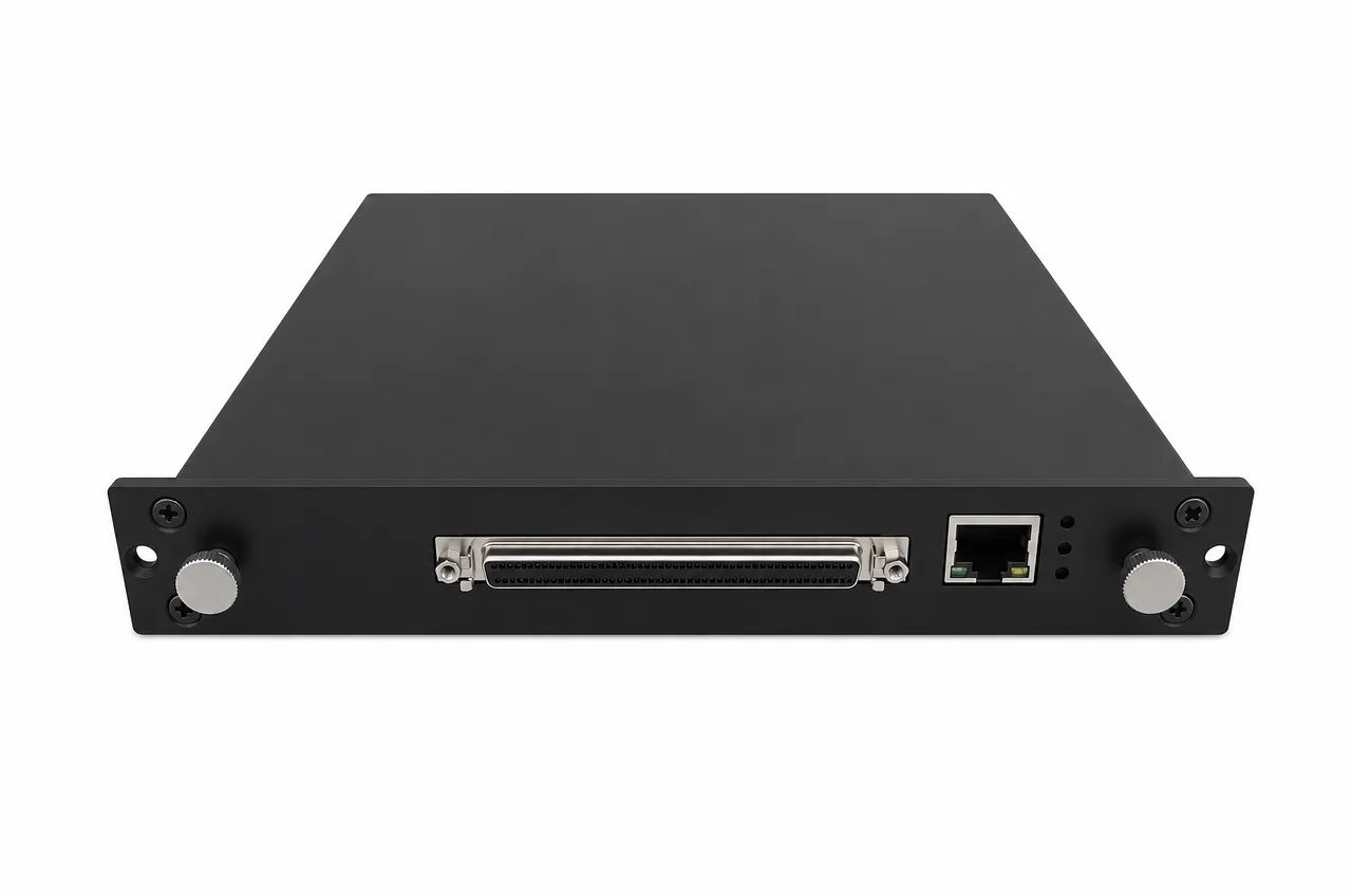 GUXI PWM / pulse module card with a front high-density multi-pin signal connector and a gigabit-Ethernet port